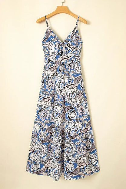 Blue Paisley Print Twist Boho Maxi Dress