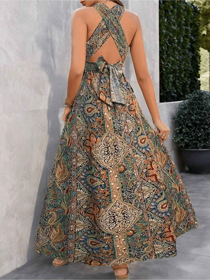 Women Print Maxi Dress with Tie Detail - High Waisted Cross Halter Neck, Flowing Teal & Brown Paisley Vacation Gown, Machine Washable Summer Fashion