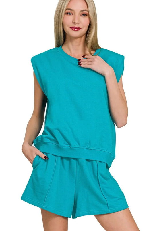 Zenana French Terry Sleeveless Top & Shorts Set in Teal