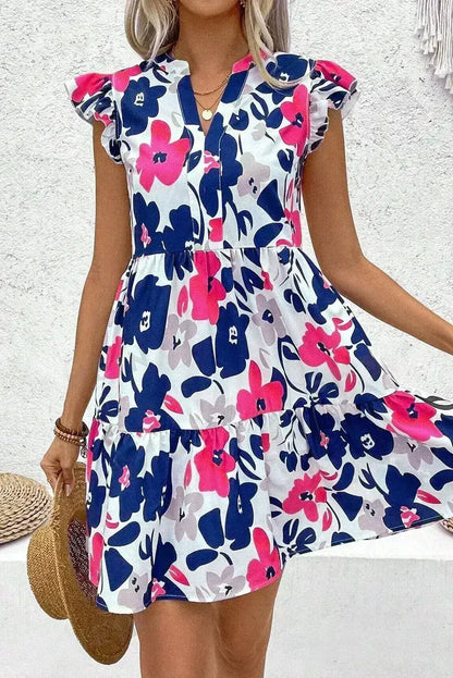 Rose Floral Print Notched Neck Flutter Sleeve Mini Dress