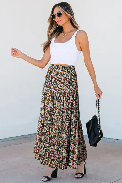Brown Leopard Floral Reversible Ruffle Hem Maxi Skirt