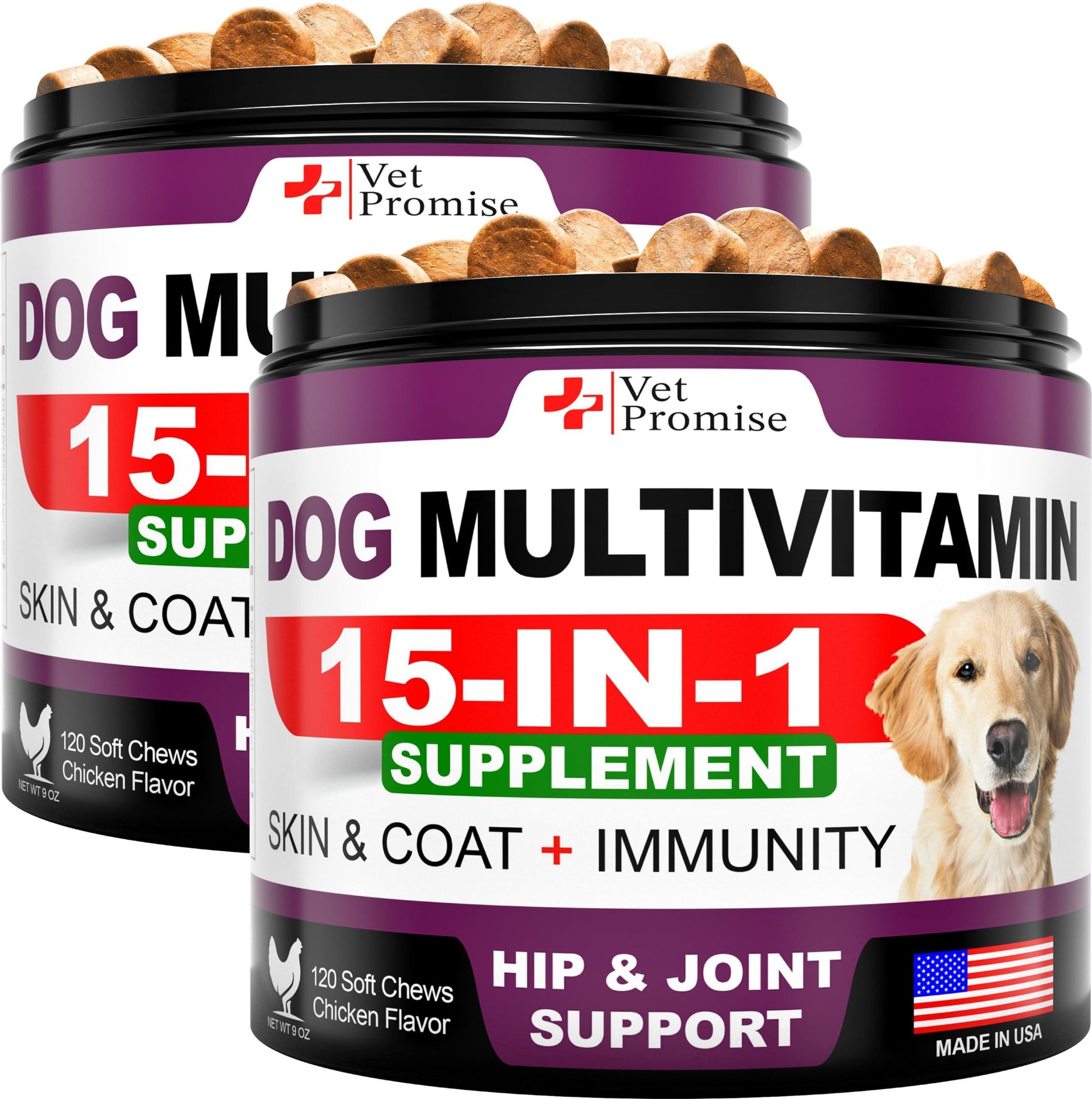 Two containers of Vet Promise Dog Multivitamin supplement with the description of '15-in-1' and highlighting skin and coat support, hip and joint support, and the inclusion of glucosamine. The product is represented with images of a happy dog and chicken flavor, and it is advertised as made in the USA.