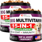 Two containers of Vet Promise Dog Multivitamin supplement with the description of '15-in-1' and highlighting skin and coat support, hip and joint support, and the inclusion of glucosamine. The product is represented with images of a happy dog and chicken flavor, and it is advertised as made in the USA.