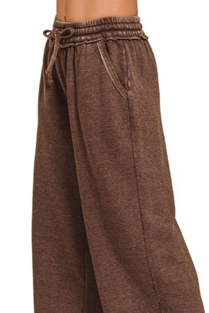 Zenana Acid Wash Fleece Palazzo Sweatpants with Pockets in Mahogany