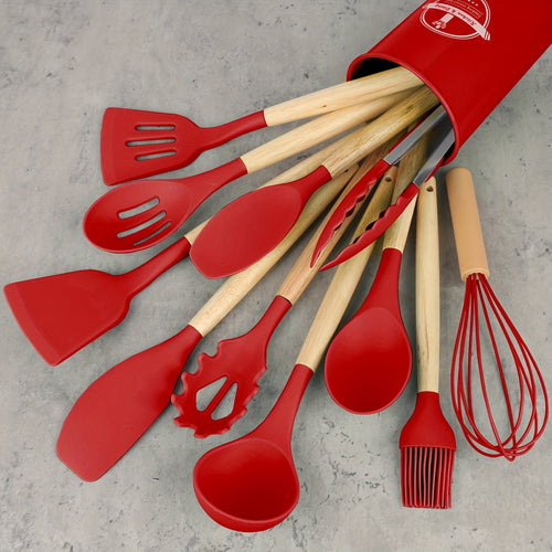 12Piece Silicone Kitchen Utensil Set with Wooden Handles