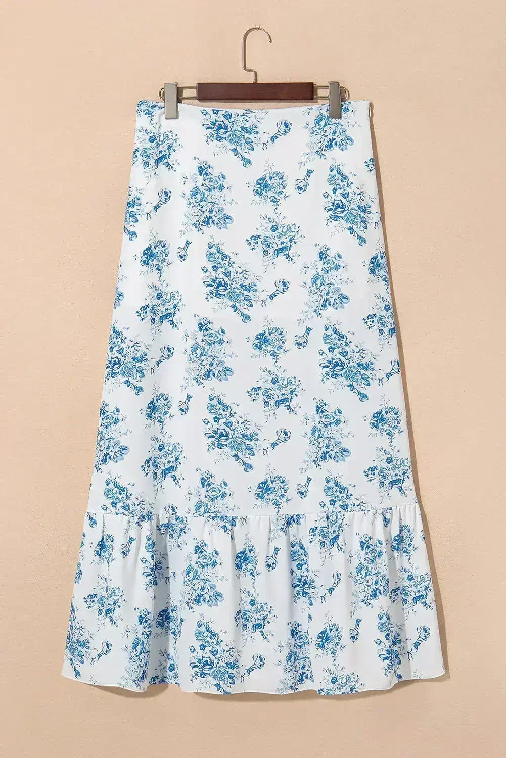Sky Blue Boho Floral High Waist Ruffle Split Maxi Skirt