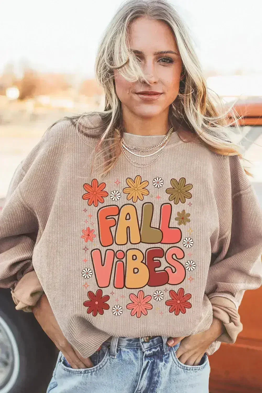 Apricot Twisted Rib FALL VIBE Graphic Baggy Sweatshirt