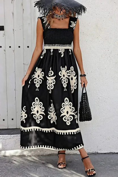 Black Boho Print Smocked Ruffle Sleeveless Maxi Dress