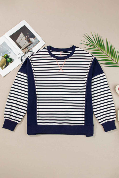 White Stripe Patchwork Exposed Seam Loose Fit Women's Sweatshirt