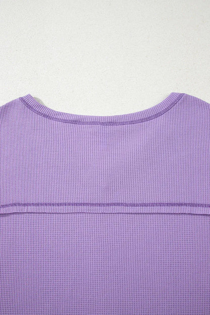Blue Exposed Seam Drop Sleeve V Neck Waffle Textured Top