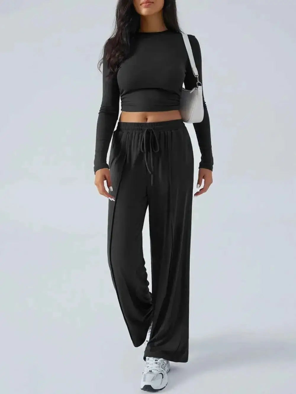 Round Neck Long Sleeve Crop Top and Pants Set