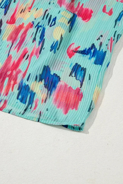 Sky Blue Abstract Print Short Puff Sleeve Tiered Maxi Dress