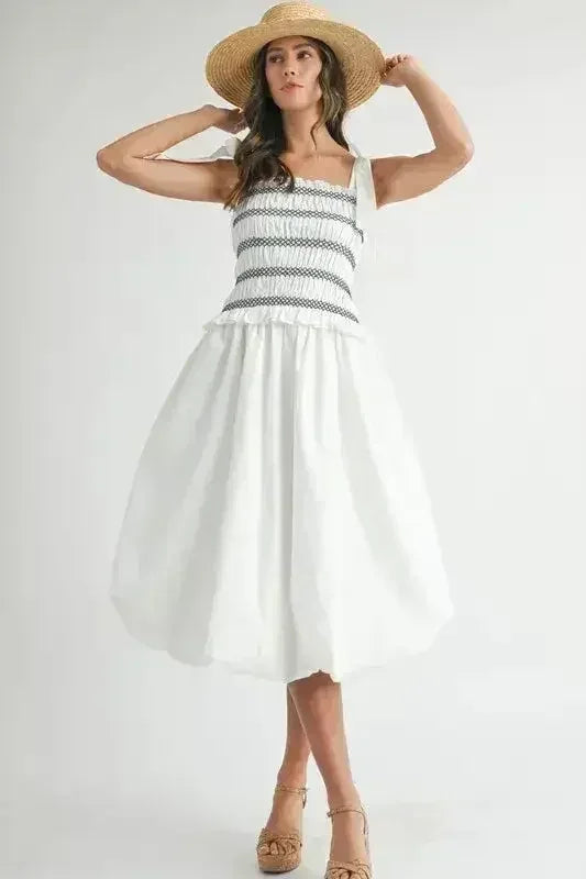 MABLE Smocked Bodice Bubble Midi Dress