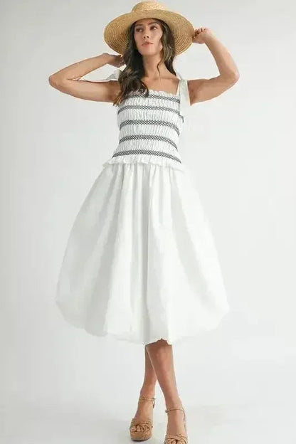 MABLE Smocked Bodice Bubble Midi Dress