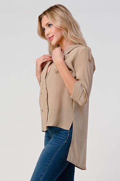 Double-Breasted Button-Up Blouse with Rolled Sleeves | Apparel | Kitchen + Metal
