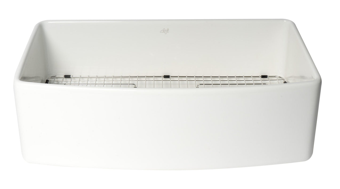ALFI brand ABFC3320S ABFC3320S-W White Smooth Curved Apron 33" x 20" Single Bowl Fireclay Farm Sink with Grid