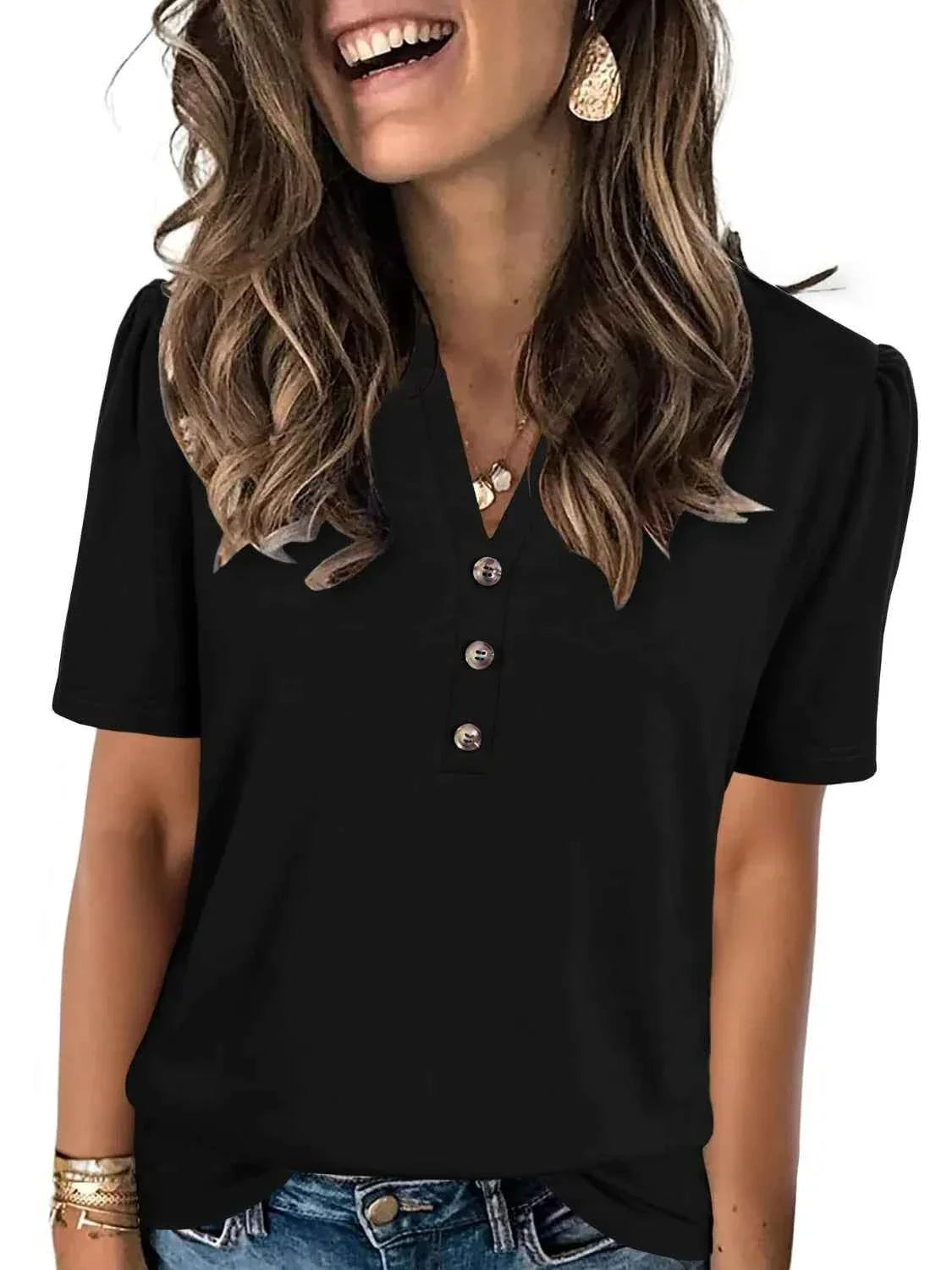 Notched Short Sleeve Women's T-Shirt - Stylish and Comfortable Design