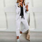 Women's Solid Color Long Sleeve Suit Set - Stylish Notch Lapel Blazer With Pockets & Drawstring Waist Pants, Spring&Fall Business Casual Outfit