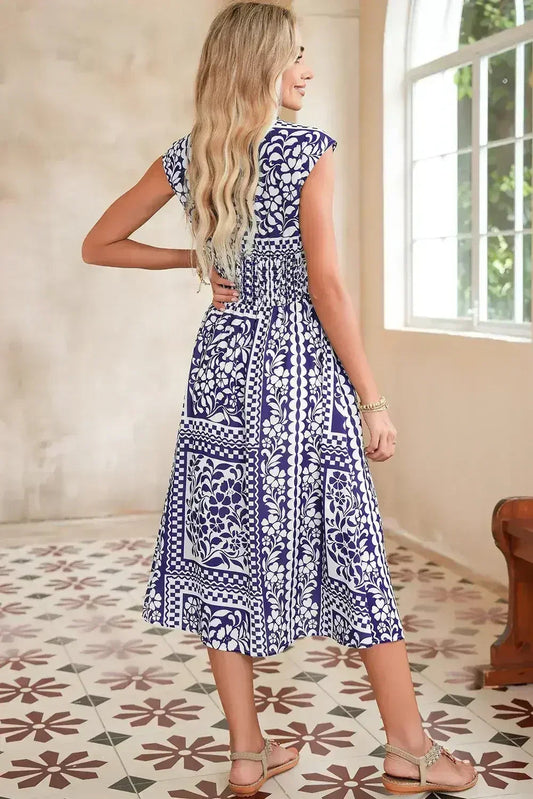 Dirty Blue Floral Print Smocked Waist Sleeveless Dress