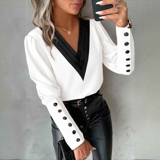Women's V-Neck Contrast Trim Long Sleeve Blouse With Button Cuff Detail - Casual Comfort Top