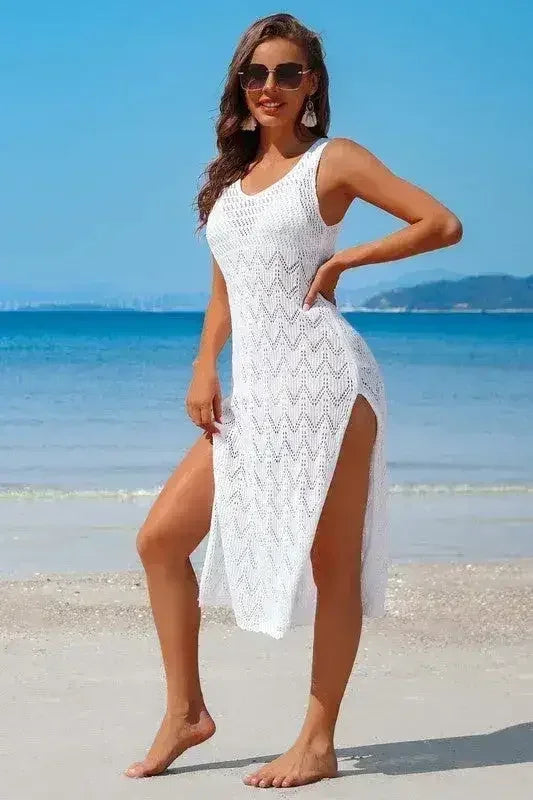 Crochet Beach Coverup Dress – High Split Maxi with U-Neck
