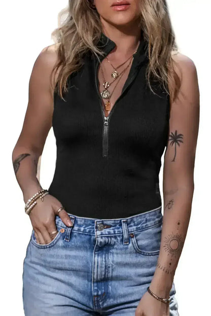 Ribbed Sleeveless Bodysuit with Mock Neck & Zip - Femstylo