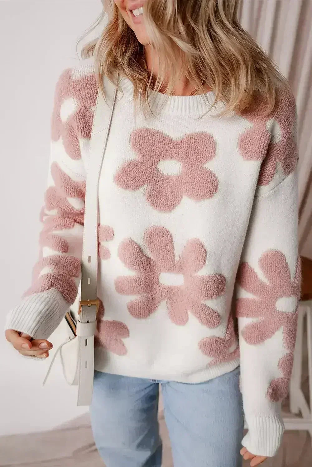 White Vintage Flower Drop Shoulder Loose Sweater