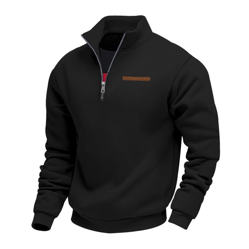 Fleece-lined Mid-length Zip-up Loose-fit Stand-up Collar Casual Hoodie