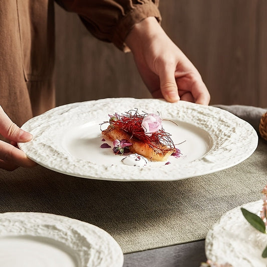 Elegant European Ceramic Dinner Plate with Relief Pattern