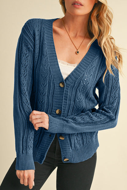 Dark Khaki Cardigan - Hollow Knit Drop Shoulder Style