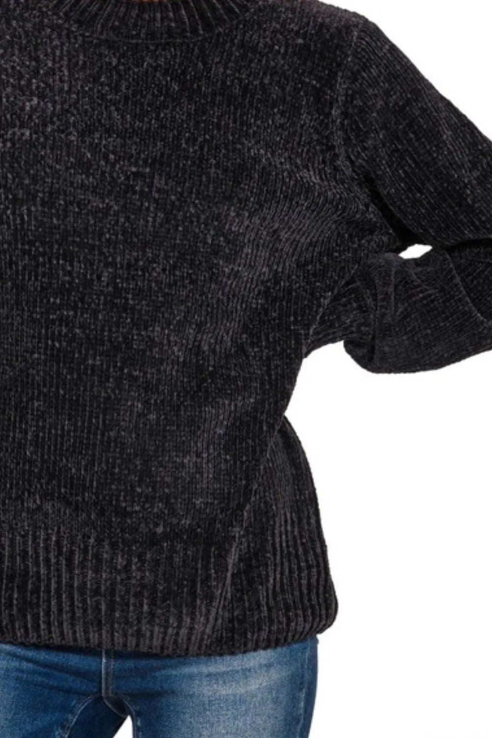 Zenana Round Neck Balloon Sleeve Chenille Sweater in Black