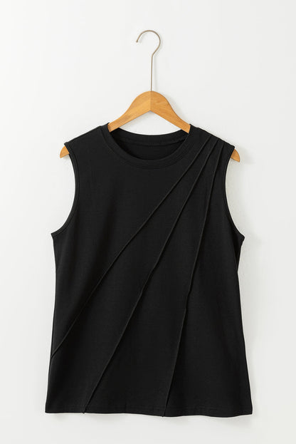 White Pleated Women's Top - Solid Color Crew Neck Design