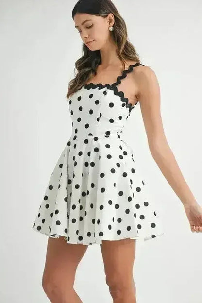 Polka Dot Mini Dress – Ricrac Trim Strap & Smocked Back