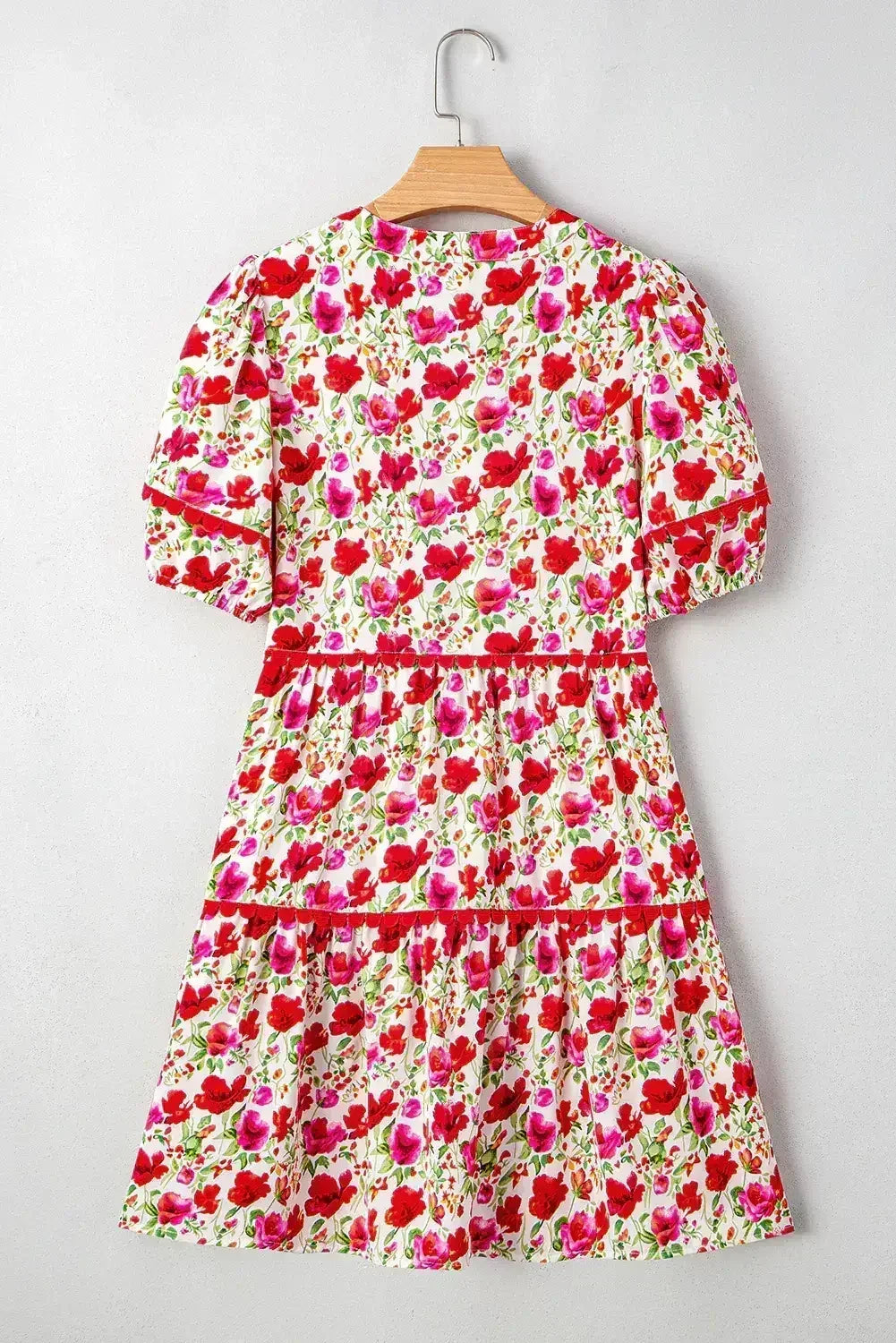 Red Floral Puff Sleeve Tiered Ric Rac Pocketed Mini Dress