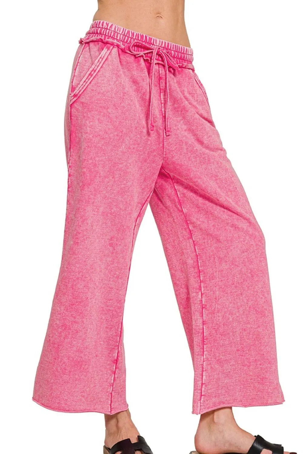 Zenana Washed French Terry Palazzo With Pockets in Pink