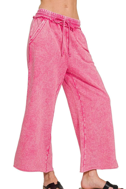Zenana Washed French Terry Palazzo With Pockets in Pink