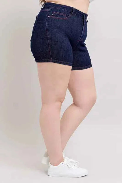Judy Blue Plus Size High Waist Denim Shorts with Heart Shaped Pockets & Red Contrast Thread