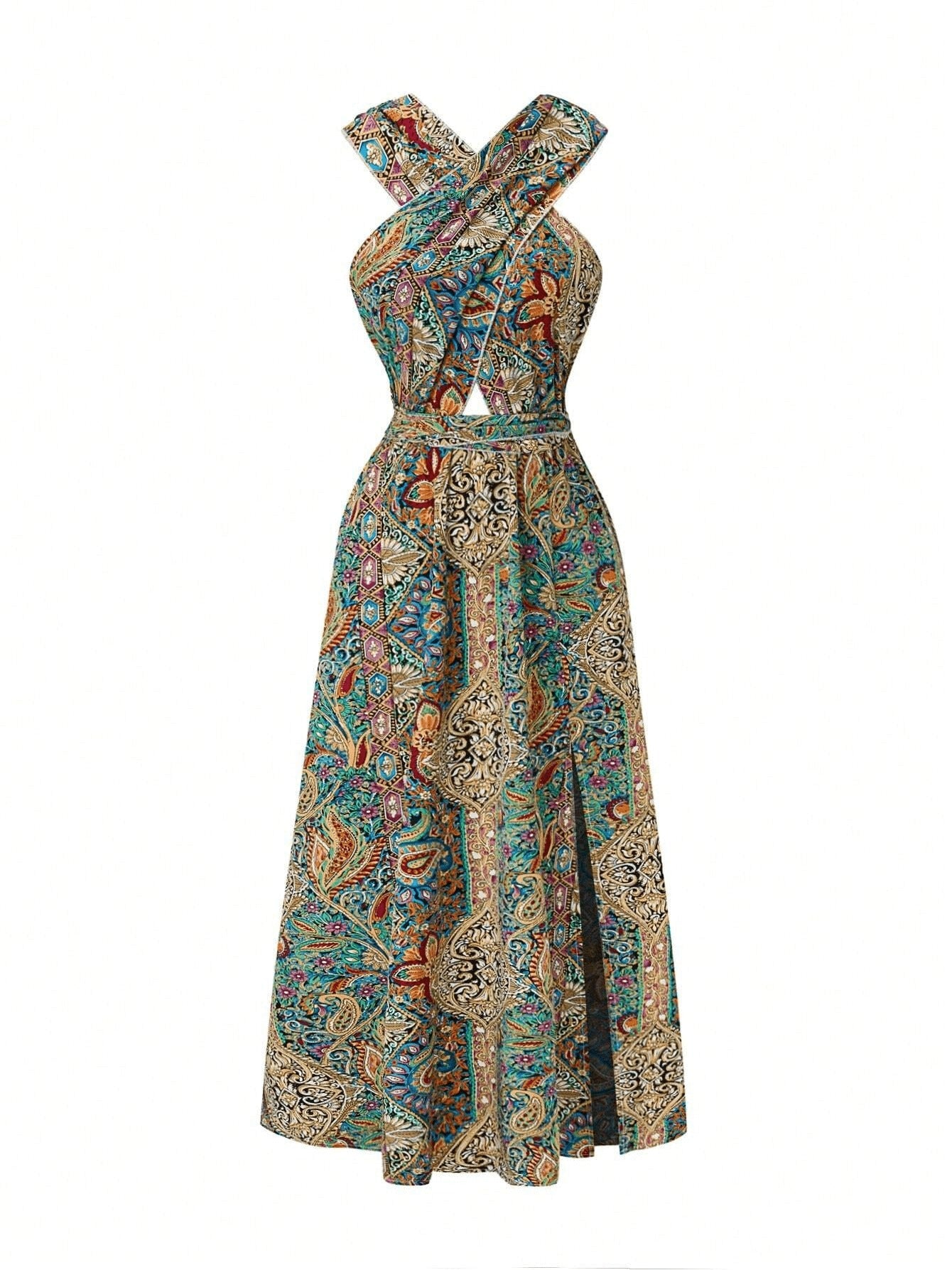 Women Print Maxi Dress with Tie Detail - High Waisted Cross Halter Neck, Flowing Teal & Brown Paisley Vacation Gown, Machine Washable Summer Fashion