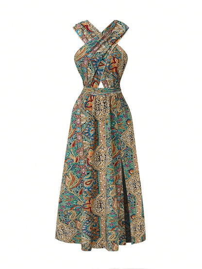 Women Print Maxi Dress with Tie Detail - High Waisted Cross Halter Neck, Flowing Teal & Brown Paisley Vacation Gown, Machine Washable Summer Fashion