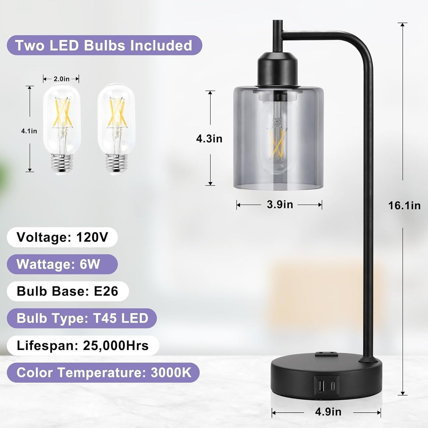 Industrial Touch Bedroom Lamps for Bedrooms Set of 2-3-Way Dimmable | Lighting | Kitchen + Metal