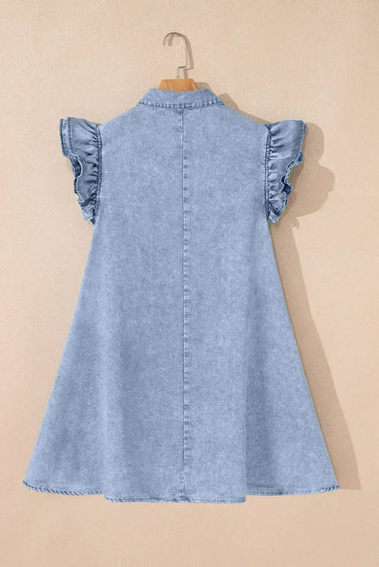 Beau Blue Ruffle Sleeve Button Down A-line Mini Denim Dress