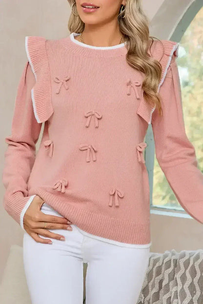 Light Pink Bow Detail Contrast Trim Ruffle Sweater