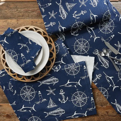 Captain's Quarters Table Runner 72"L Nautical Navy Print