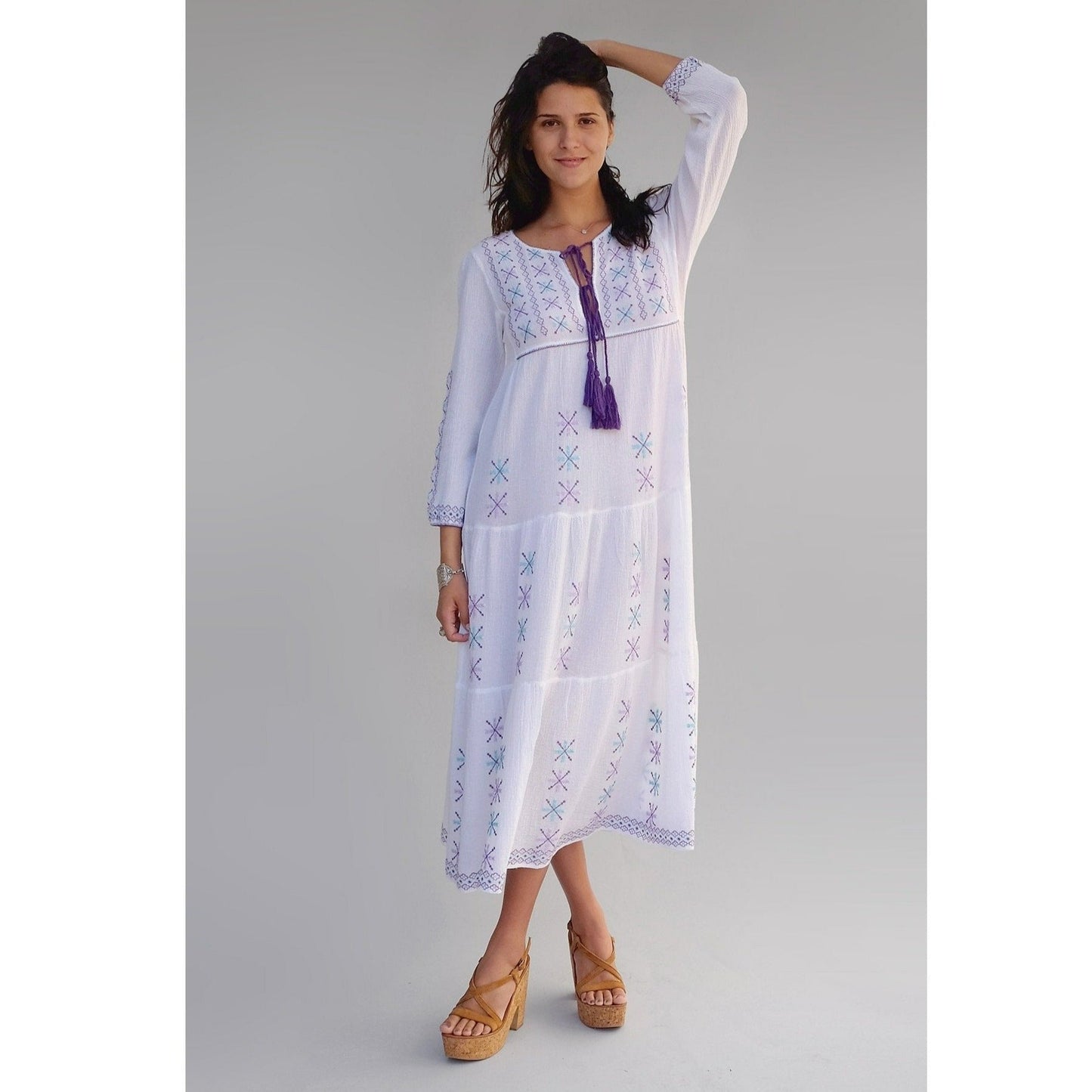 Cara Embroidered Long Dress - Natural