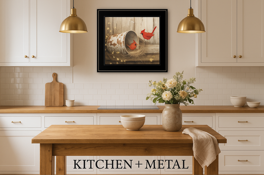 Cardinal Playing Around Art in Kitchen + Metal Kitchen Setting