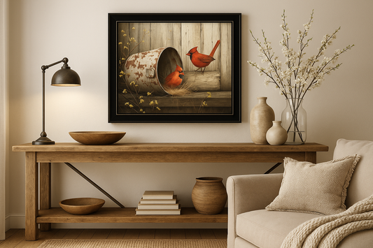 Cardinal Playing Around Art in Kitchen + Metal Living Room Setting