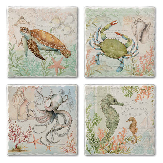 Caribbean Seas Assorted Image Tumbled Tile Coaster 4 Pack
