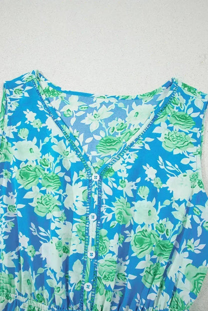 Green Floral Print Trimmed V Neck Sleeveless Vacation Dress
