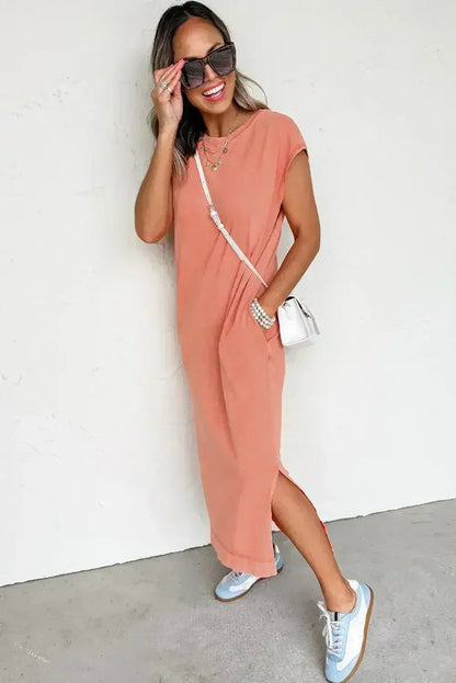 Carrot Mineral Wash Pocketed T-shirt Dress