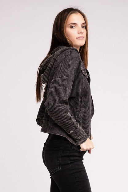 ZENANA Acid Wash Cotton Waffle Hooded Zip-Up Jacket
